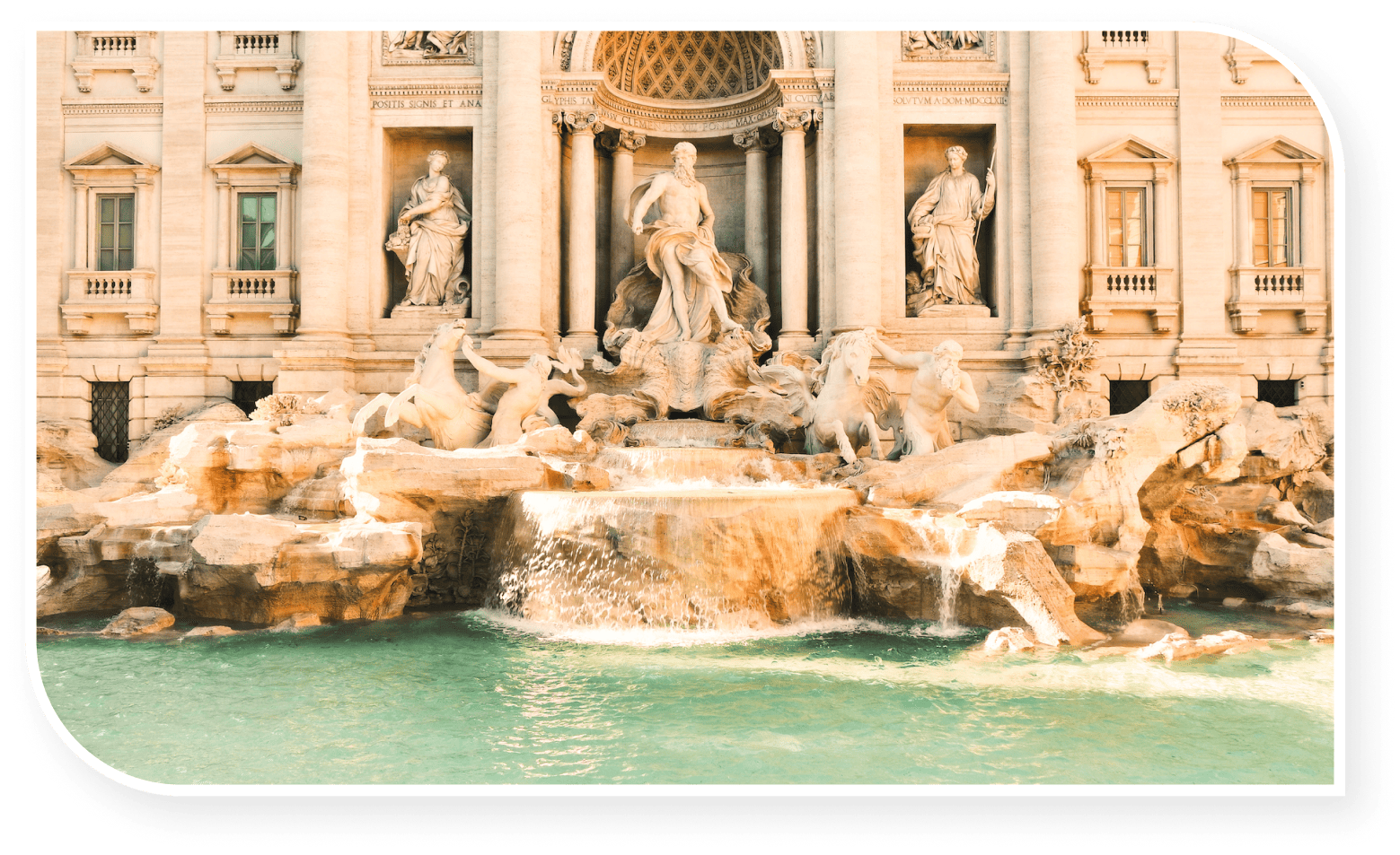 Trevi Fountain in Rome, Italy, showcasing intricate Baroque sculptures and cascading water into a turquoise pool, with detailed architectural elements in the background.